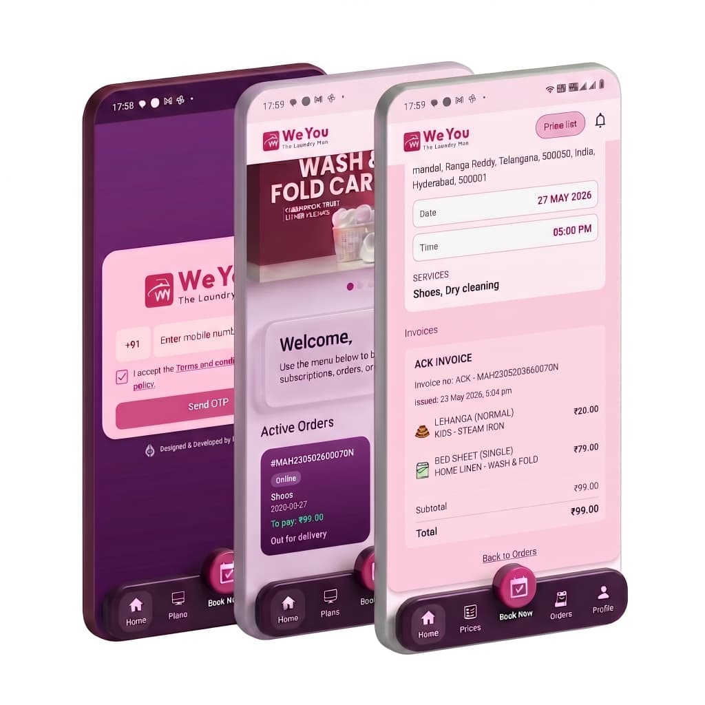 WE YOU mobile app - Login, Dashboard, and Service Selection screens
